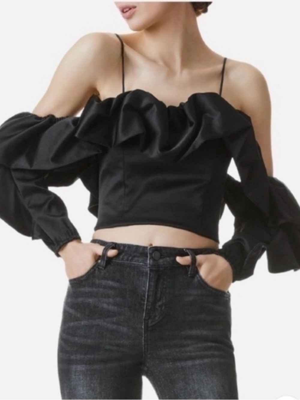 Alice + Olivia Black Ruffle Off-Shoulder Crop Top with Spaghetti Straps
